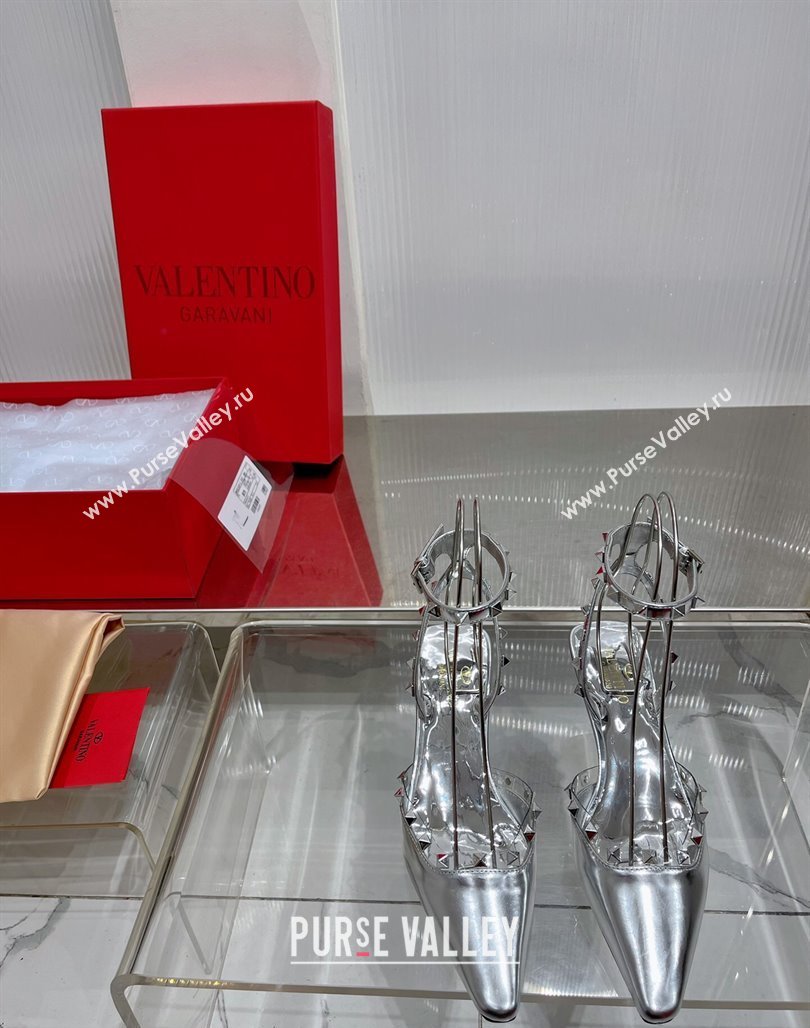 Valentino Roman Stud Open Pumps 5.8cm with Ankle Strap in Glazed Metallic Leather Silver 2024 0227 (ZN-240227033)