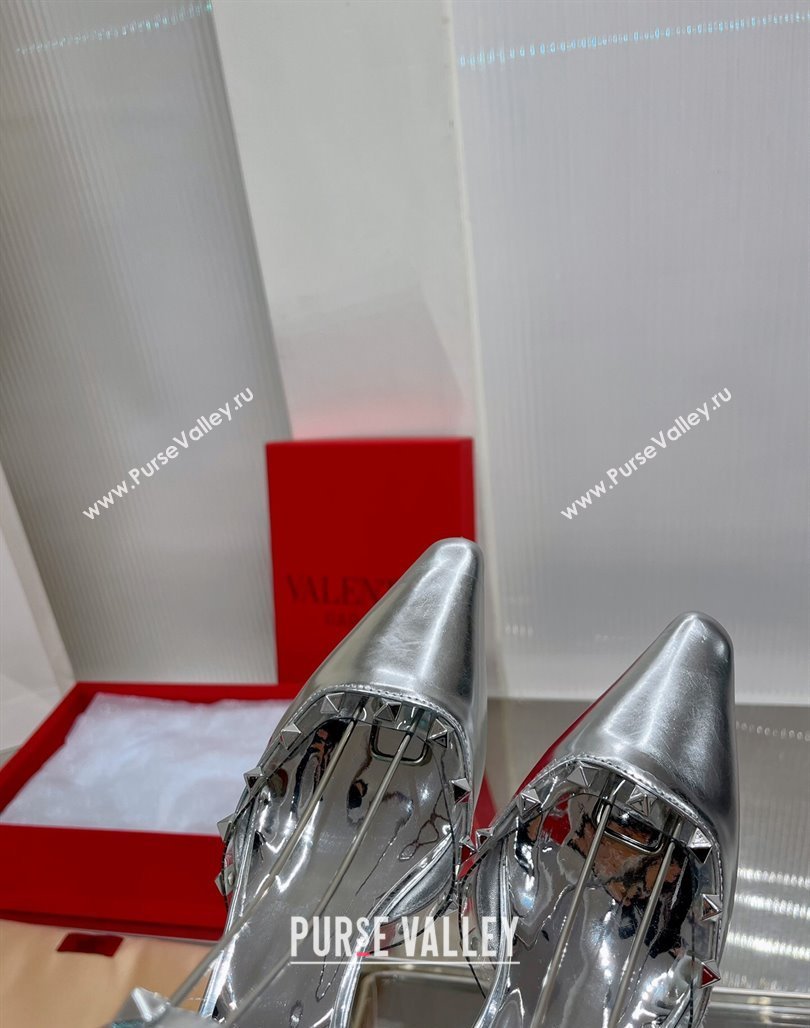 Valentino Roman Stud Open Pumps 5.8cm with Ankle Strap in Glazed Metallic Leather Silver 2024 0227 (ZN-240227033)