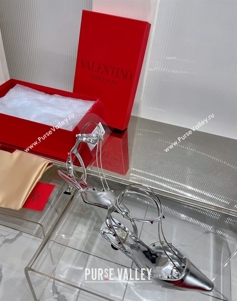 Valentino Roman Stud Open Pumps 5.8cm with Ankle Strap in Glazed Metallic Leather Silver 2024 0227 (ZN-240227033)