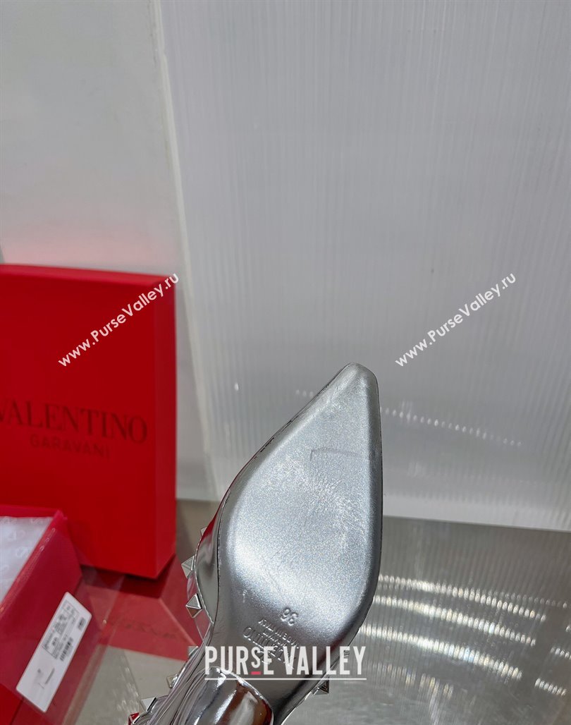 Valentino Roman Stud Open Pumps 5.8cm with Ankle Strap in Glazed Metallic Leather Silver 2024 0227 (ZN-240227033)