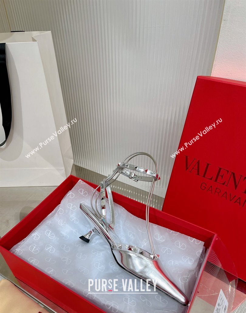 Valentino Roman Stud Open Pumps 5.8cm with Ankle Strap in Glazed Metallic Leather Silver 2024 0227 (ZN-240227033)