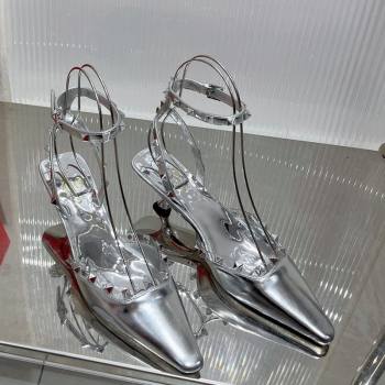 Valentino Roman Stud Open Pumps 5.8cm with Ankle Strap in Glazed Metallic Leather Silver 2024 0227 (ZN-240227033)