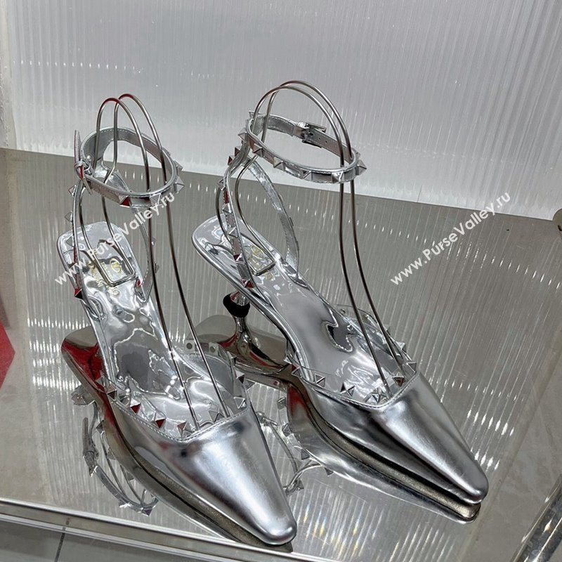 Valentino Roman Stud Open Pumps 5.8cm with Ankle Strap in Glazed Metallic Leather Silver 2024 0227 (ZN-240227033)