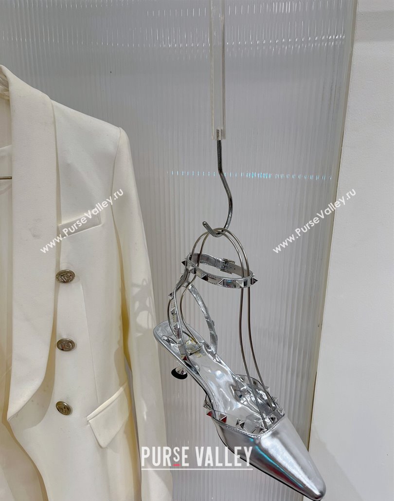 Valentino Roman Stud Open Pumps 5.8cm with Ankle Strap in Glazed Metallic Leather Silver 2024 0227 (ZN-240227033)