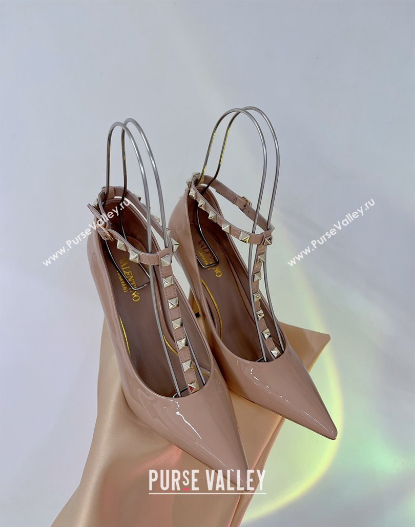 Valentino Roman Stud Pumps 10cm with Ankle Strap in Patent Leather Nude 2024 0227 (ZN-240227034)