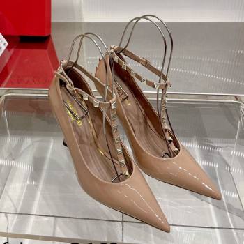 Valentino Roman Stud Pumps 10cm with Ankle Strap in Patent Leather Nude 2024 0227 (ZN-240227034)