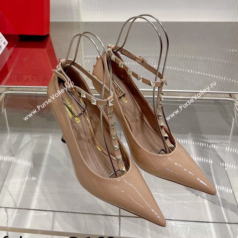 Valentino Roman Stud Pumps 10cm with Ankle Strap in Patent Leather Nude 2024 0227 (ZN-240227034)