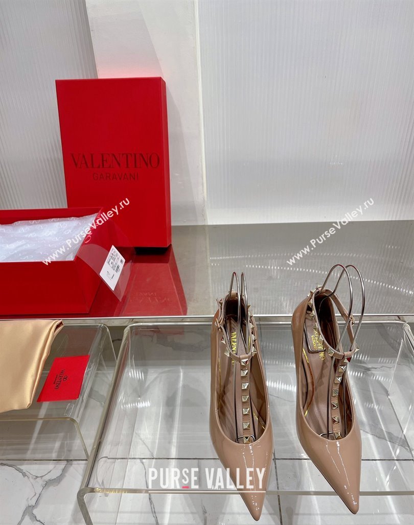 Valentino Roman Stud Pumps 10cm with Ankle Strap in Patent Leather Nude 2024 0227 (ZN-240227034)