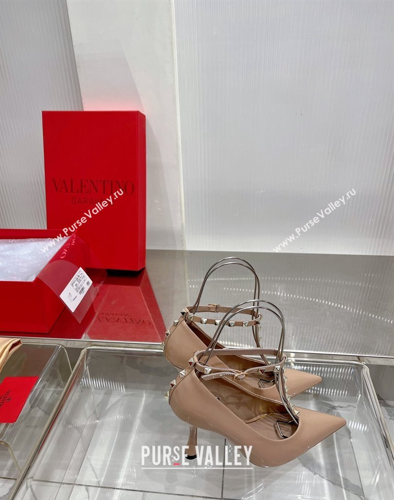 Valentino Roman Stud Pumps 10cm with Ankle Strap in Patent Leather Nude 2024 0227 (ZN-240227034)