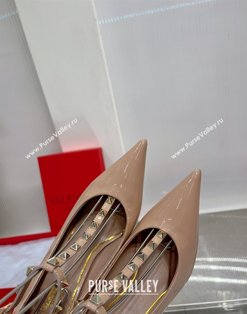 Valentino Roman Stud Pumps 10cm with Ankle Strap in Patent Leather Nude 2024 0227 (ZN-240227034)