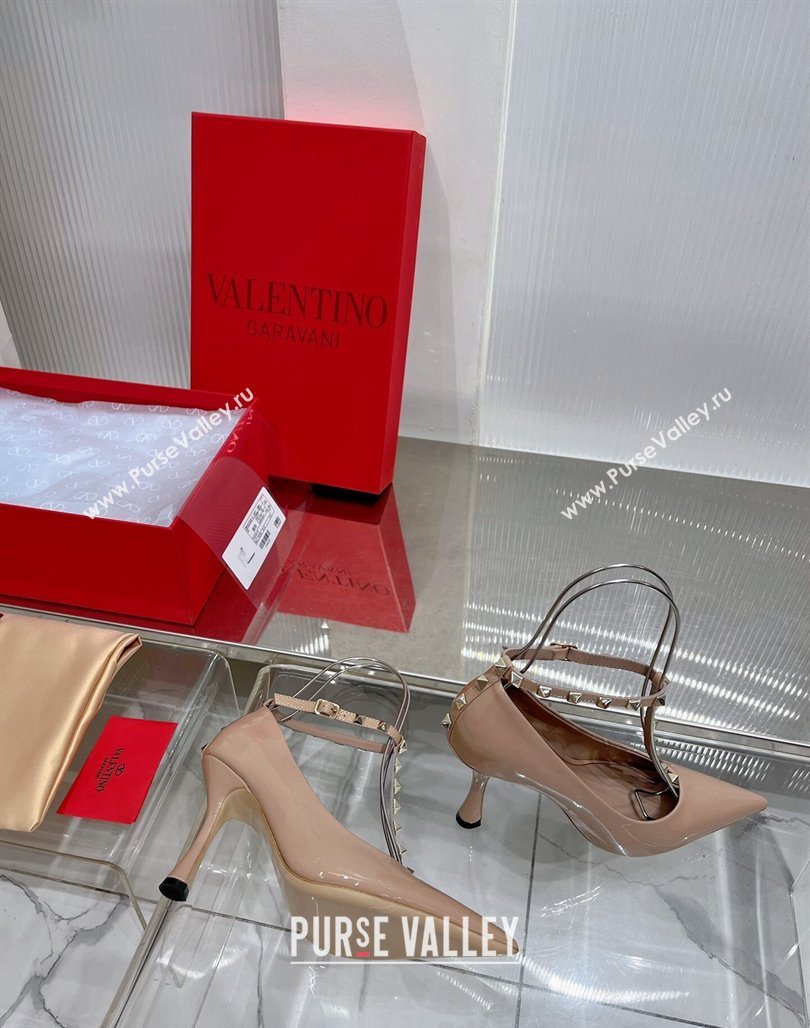 Valentino Roman Stud Pumps 10cm with Ankle Strap in Patent Leather Nude 2024 0227 (ZN-240227034)