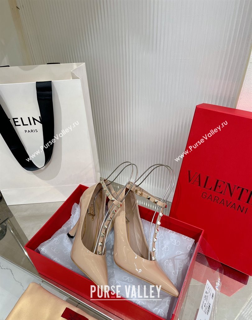 Valentino Roman Stud Pumps 10cm with Ankle Strap in Patent Leather Nude 2024 0227 (ZN-240227034)