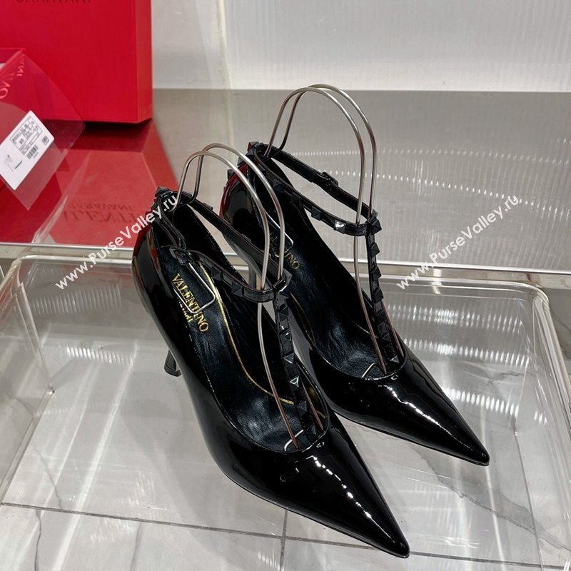 Valentino Roman Stud Pumps 10cm with Ankle Strap in Patent Leather Black 2024 0227 (ZN-240227035)