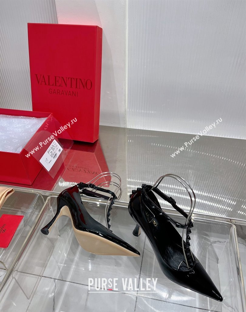 Valentino Roman Stud Pumps 10cm with Ankle Strap in Patent Leather Black 2024 0227 (ZN-240227035)