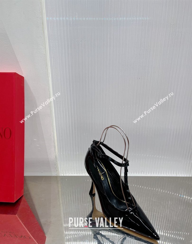 Valentino Roman Stud Pumps 10cm with Ankle Strap in Patent Leather Black 2024 0227 (ZN-240227035)