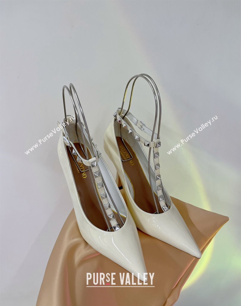Valentino Roman Stud Pumps 10cm with Ankle Strap in Patent Leather White 2024 0227 (ZN-240227036)