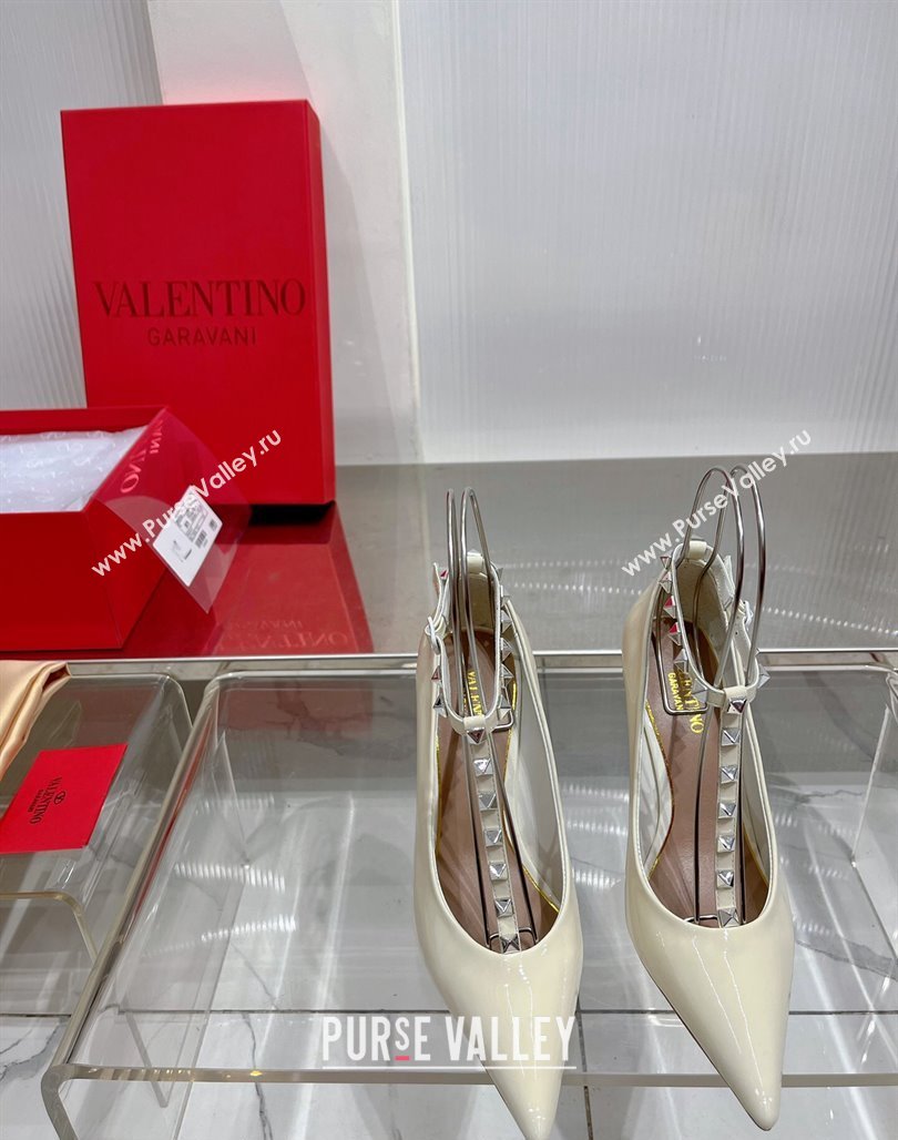 Valentino Roman Stud Pumps 10cm with Ankle Strap in Patent Leather White 2024 0227 (ZN-240227036)