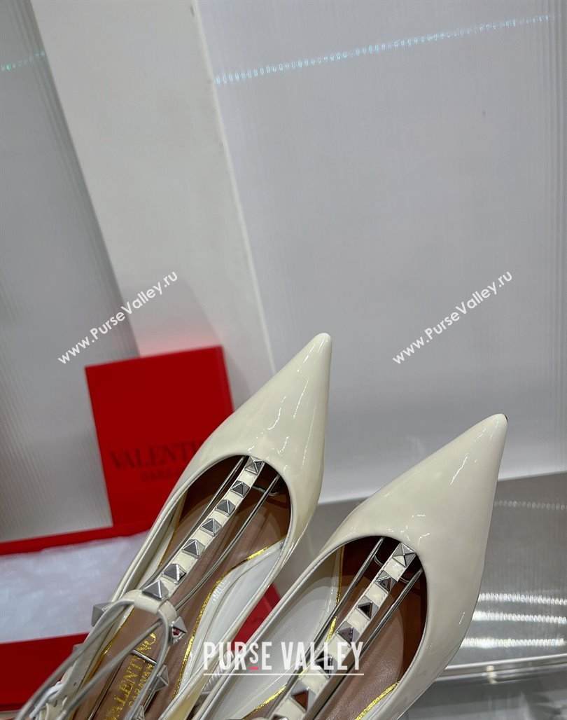 Valentino Roman Stud Pumps 10cm with Ankle Strap in Patent Leather White 2024 0227 (ZN-240227036)