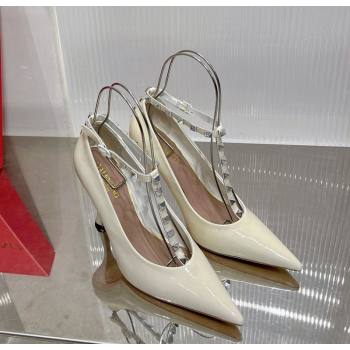 Valentino Roman Stud Pumps 10cm with Ankle Strap in Patent Leather White 2024 0227 (ZN-240227036)