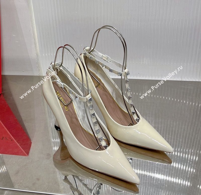 Valentino Roman Stud Pumps 10cm with Ankle Strap in Patent Leather White 2024 0227 (ZN-240227036)