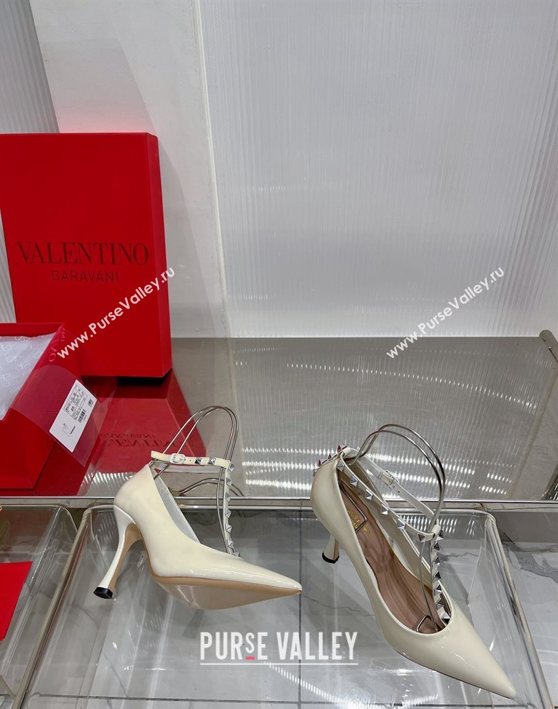 Valentino Roman Stud Pumps 10cm with Ankle Strap in Patent Leather White 2024 0227 (ZN-240227036)