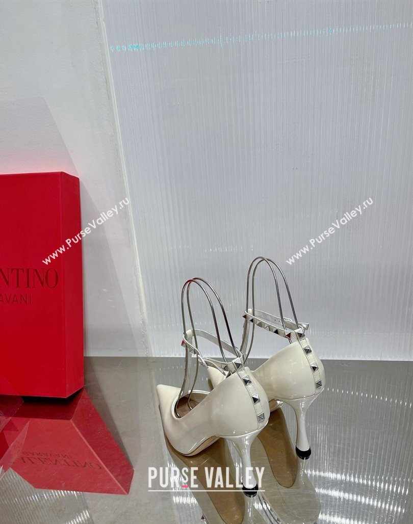 Valentino Roman Stud Pumps 10cm with Ankle Strap in Patent Leather White 2024 0227 (ZN-240227036)
