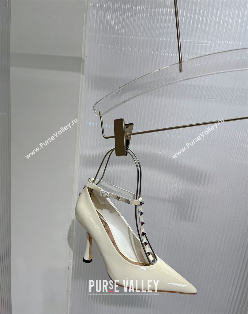 Valentino Roman Stud Pumps 10cm with Ankle Strap in Patent Leather White 2024 0227 (ZN-240227036)