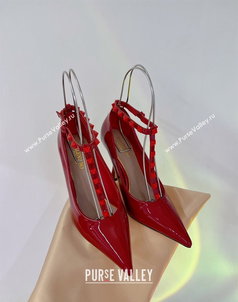 Valentino Roman Stud Pumps 10cm with Ankle Strap in Patent Leather Red 2024 0227 (ZN-240227037)
