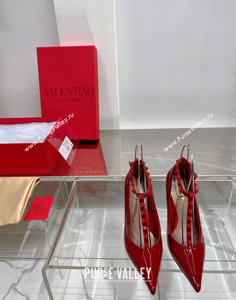 Valentino Roman Stud Pumps 10cm with Ankle Strap in Patent Leather Red 2024 0227 (ZN-240227037)