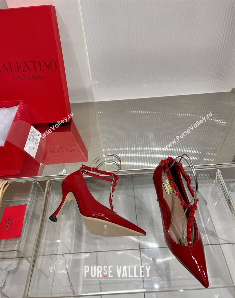 Valentino Roman Stud Pumps 10cm with Ankle Strap in Patent Leather Red 2024 0227 (ZN-240227037)