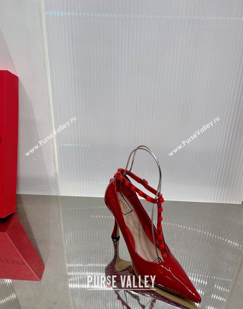 Valentino Roman Stud Pumps 10cm with Ankle Strap in Patent Leather Red 2024 0227 (ZN-240227037)