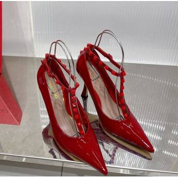 Valentino Roman Stud Pumps 10cm with Ankle Strap in Patent Leather Red 2024 0227 (ZN-240227037)