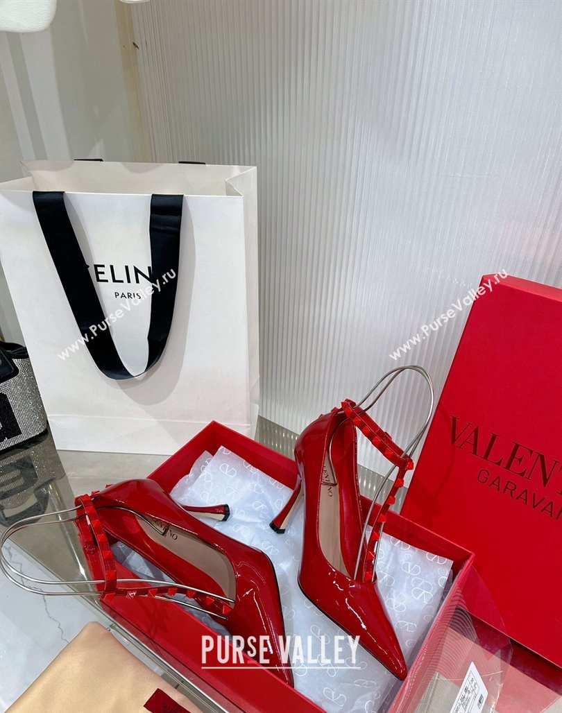 Valentino Roman Stud Pumps 10cm with Ankle Strap in Patent Leather Red 2024 0227 (ZN-240227037)