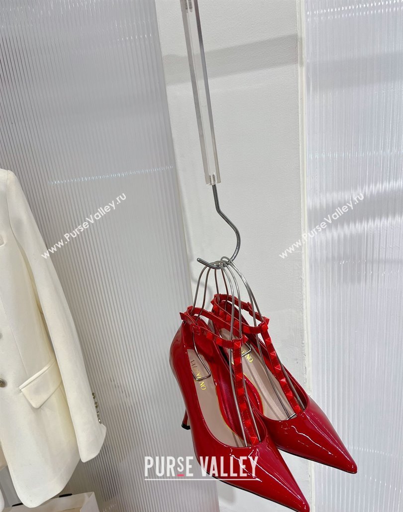 Valentino Roman Stud Pumps 10cm with Ankle Strap in Patent Leather Red 2024 0227 (ZN-240227037)