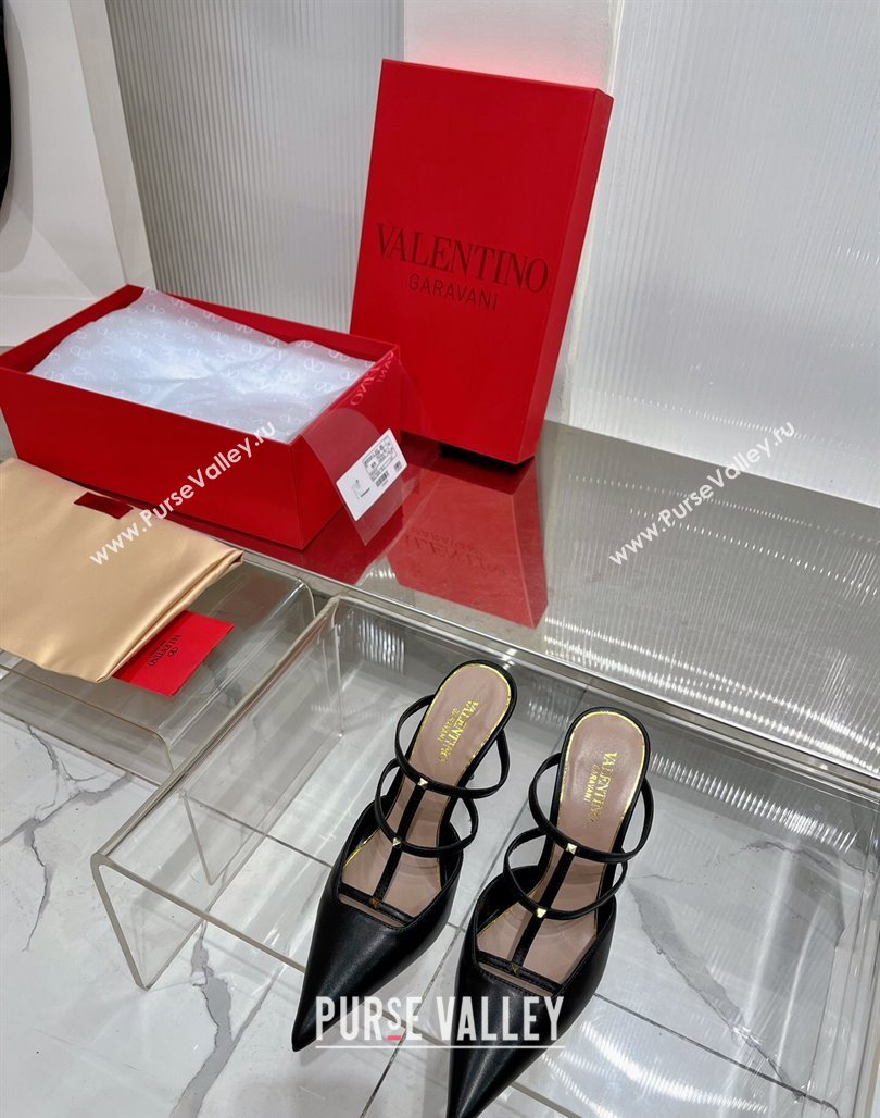 Valentino Rockstud Wispy Calfskin Heel Mules 9cm Black 2024 0227 (ZN-240227039)