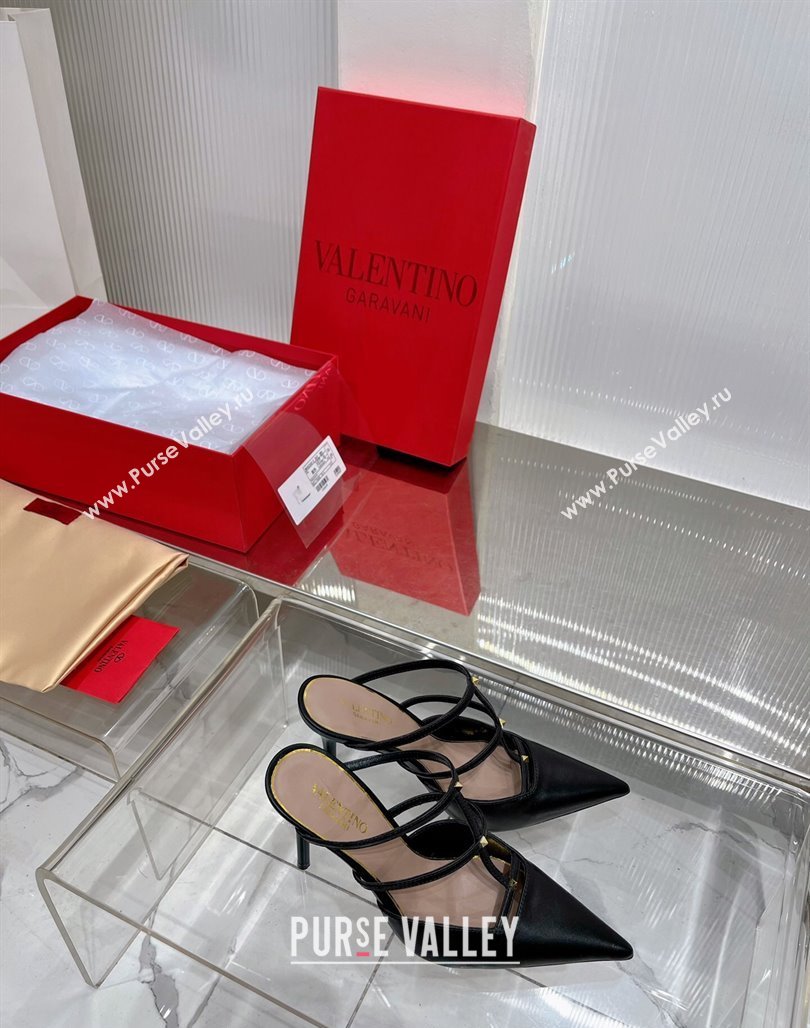 Valentino Rockstud Wispy Calfskin Heel Mules 9cm Black 2024 0227 (ZN-240227039)