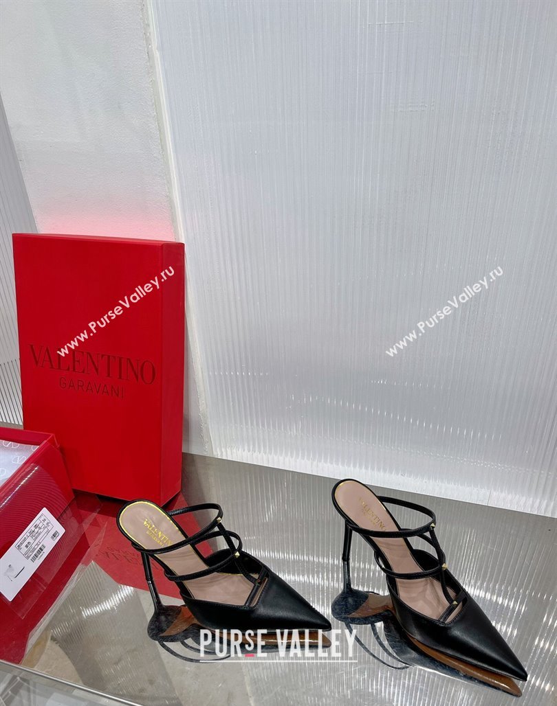 Valentino Rockstud Wispy Calfskin Heel Mules 9cm Black 2024 0227 (ZN-240227039)