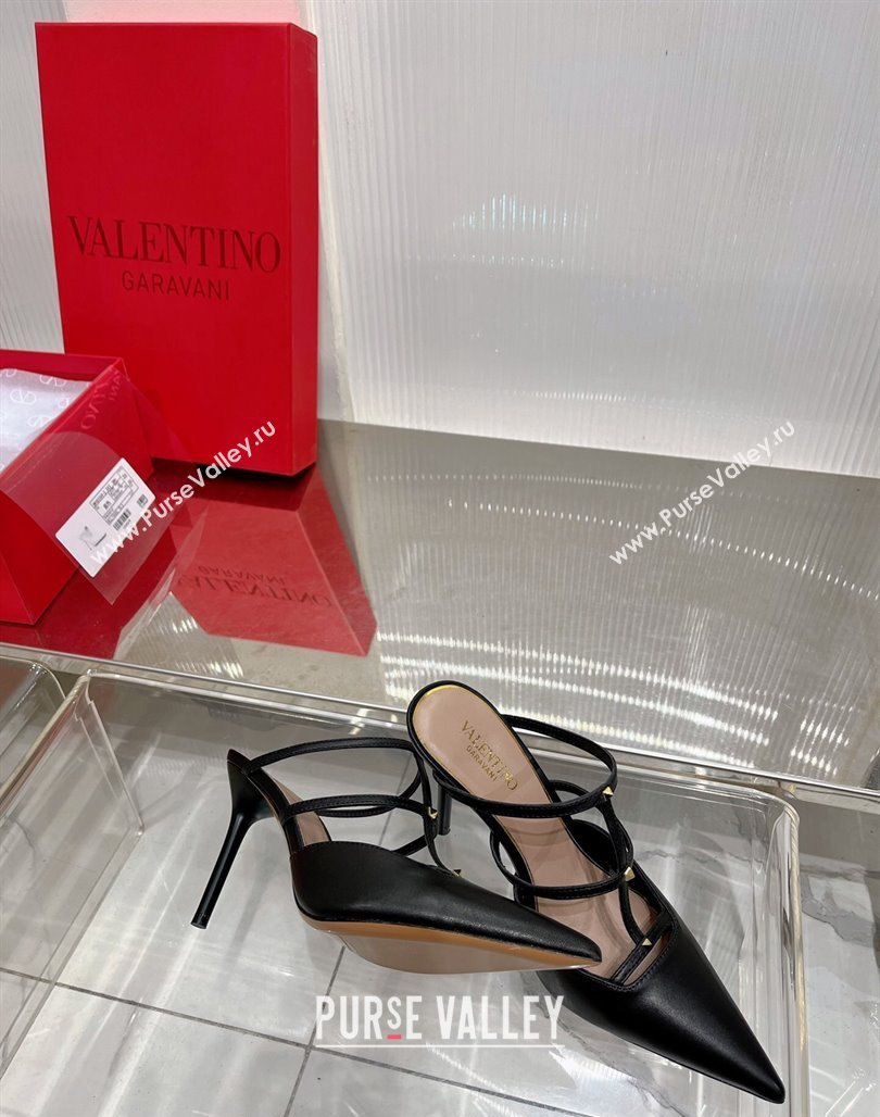 Valentino Rockstud Wispy Calfskin Heel Mules 9cm Black 2024 0227 (ZN-240227039)