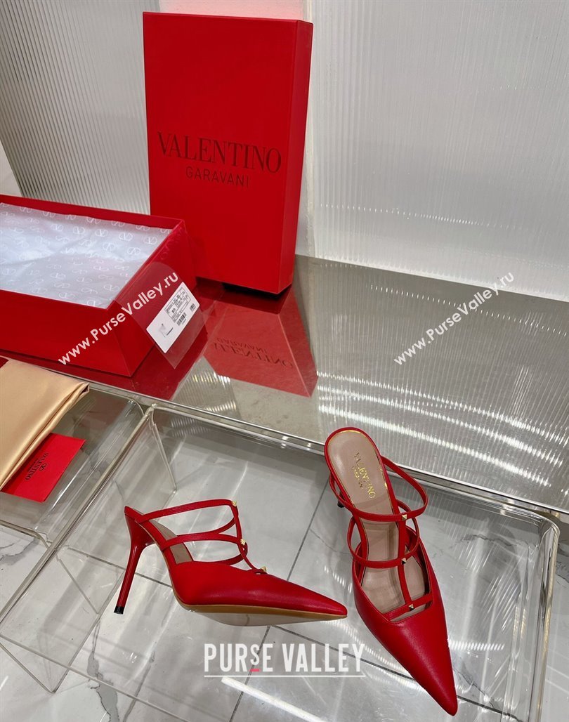 Valentino Rockstud Wispy Calfskin Heel Mules 9cm Red 2024 0227 (ZN-240227041)
