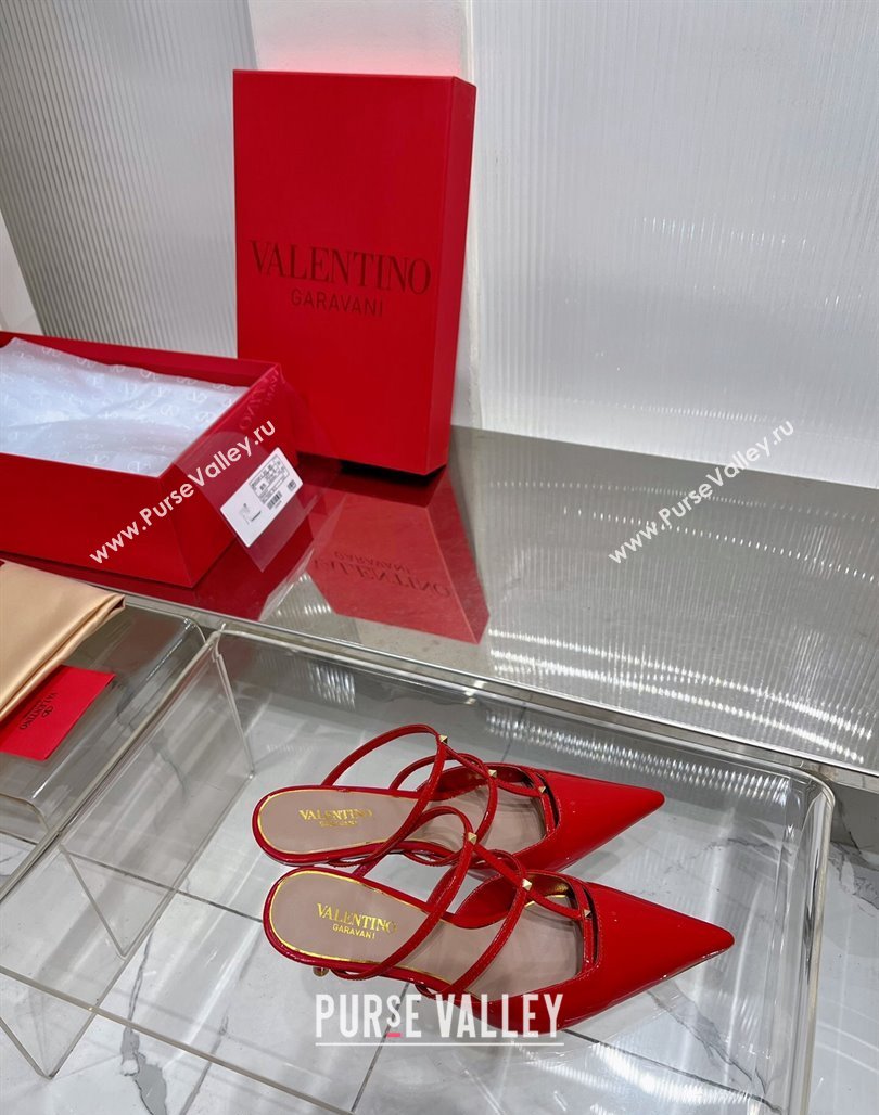 Valentino Rockstud Wispy Heel Mules 6cm in Patent Leather Red 2024 0227 (ZN-240227042)