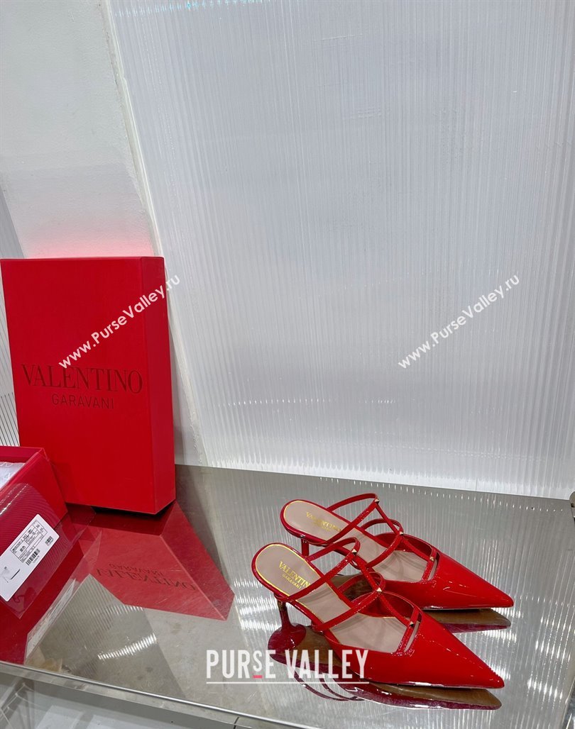 Valentino Rockstud Wispy Heel Mules 6cm in Patent Leather Red 2024 0227 (ZN-240227042)