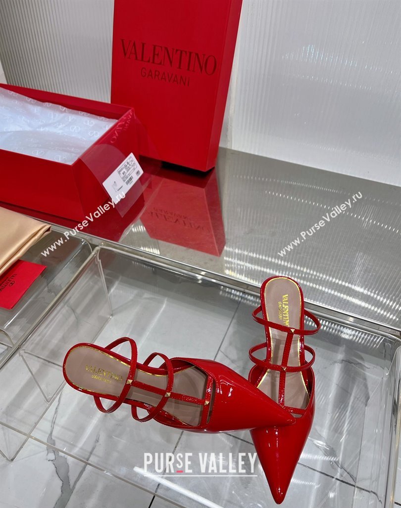Valentino Rockstud Wispy Heel Mules 6cm in Patent Leather Red 2024 0227 (ZN-240227042)