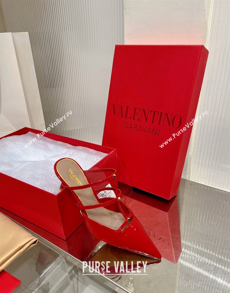 Valentino Rockstud Wispy Heel Mules 6cm in Patent Leather Red 2024 0227 (ZN-240227042)