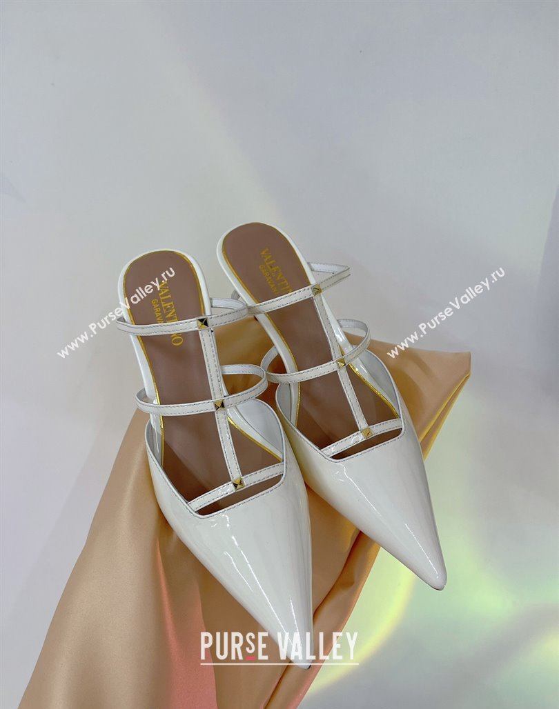 Valentino Rockstud Wispy Heel Mules 6cm in Patent Leather White 2024 0227 (ZN-240227043)