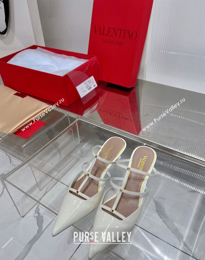 Valentino Rockstud Wispy Heel Mules 6cm in Patent Leather White 2024 0227 (ZN-240227043)