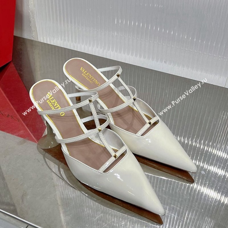 Valentino Rockstud Wispy Heel Mules 6cm in Patent Leather White 2024 0227 (ZN-240227043)