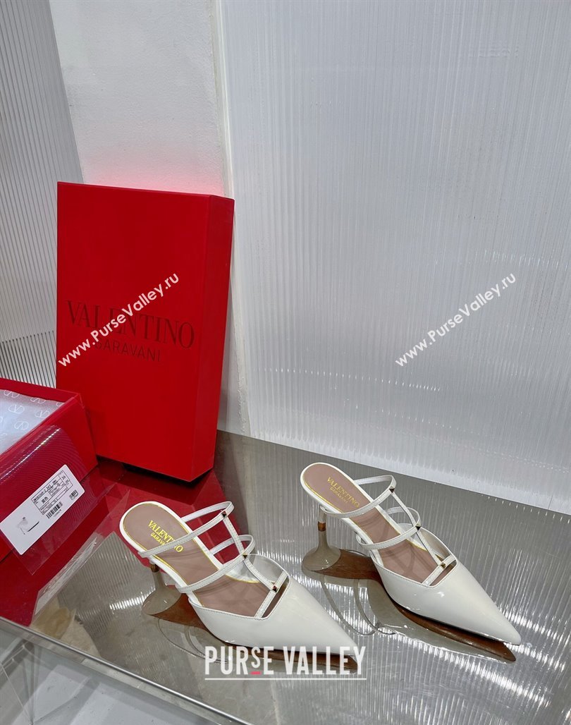 Valentino Rockstud Wispy Heel Mules 6cm in Patent Leather White 2024 0227 (ZN-240227043)