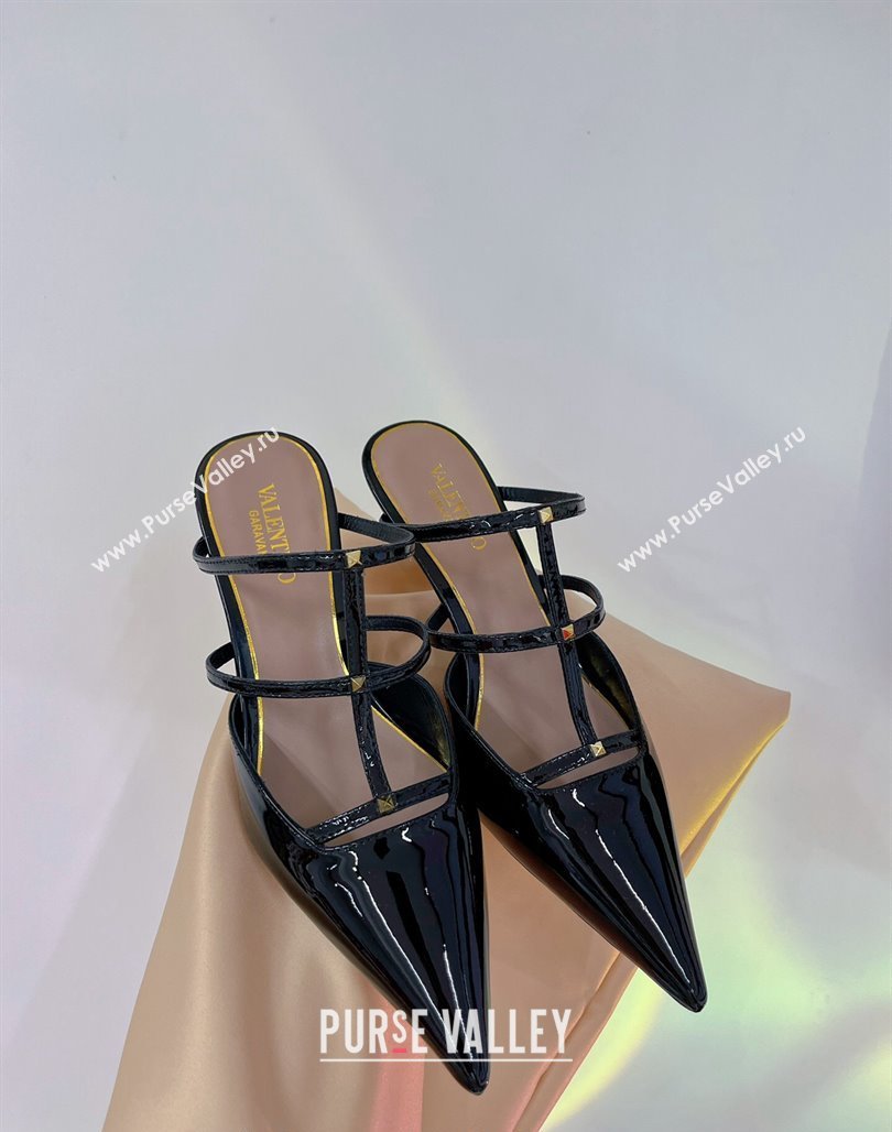 Valentino Rockstud Wispy Heel Mules 6cm in Patent Leather Black 2024 0227 (ZN-240227044)