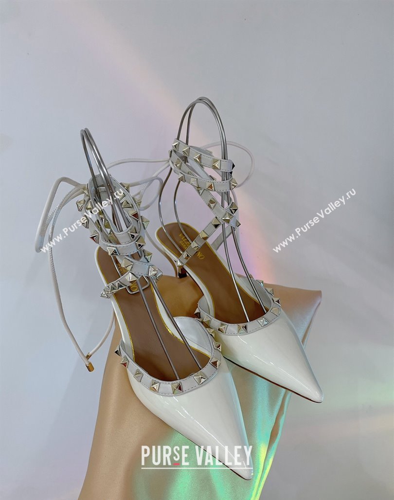 Valentino Rockstud Pumps 6cm with Wrap Strap and Lace-ups in Patent Leather White 2024 0227 (ZN-240227013)
