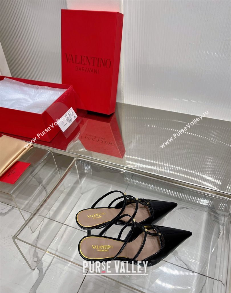 Valentino Rockstud Wispy Heel Mules 6cm in Patent Leather Black 2024 0227 (ZN-240227044)